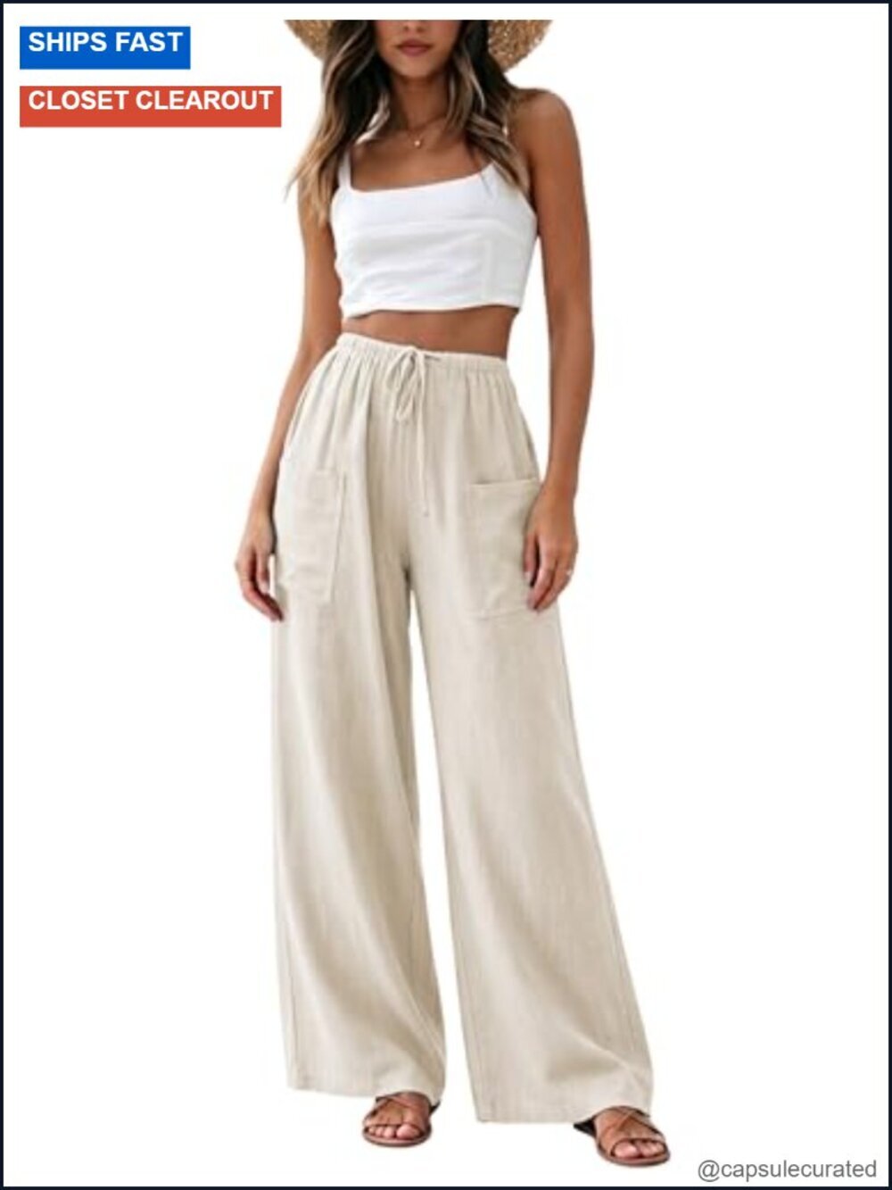 Cotton Linen Blend Wide Leg Palazzo Pants Drawstring Casual with Pockets